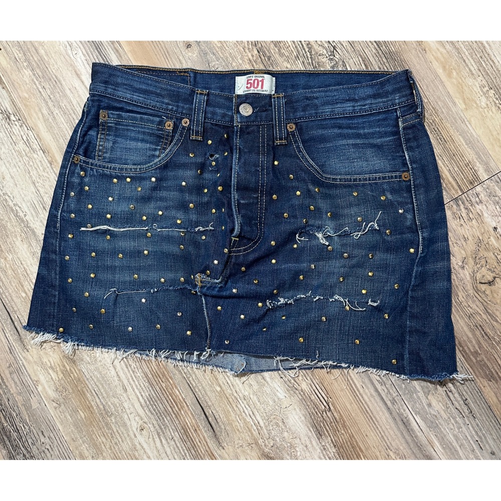 Levis 501 Custom Studded Distressed Denim Mini Skirt Medium Wash Blue W32